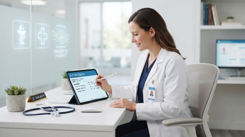 Doctor using e-prescription software to digitally send a prescription to a pharmacy
