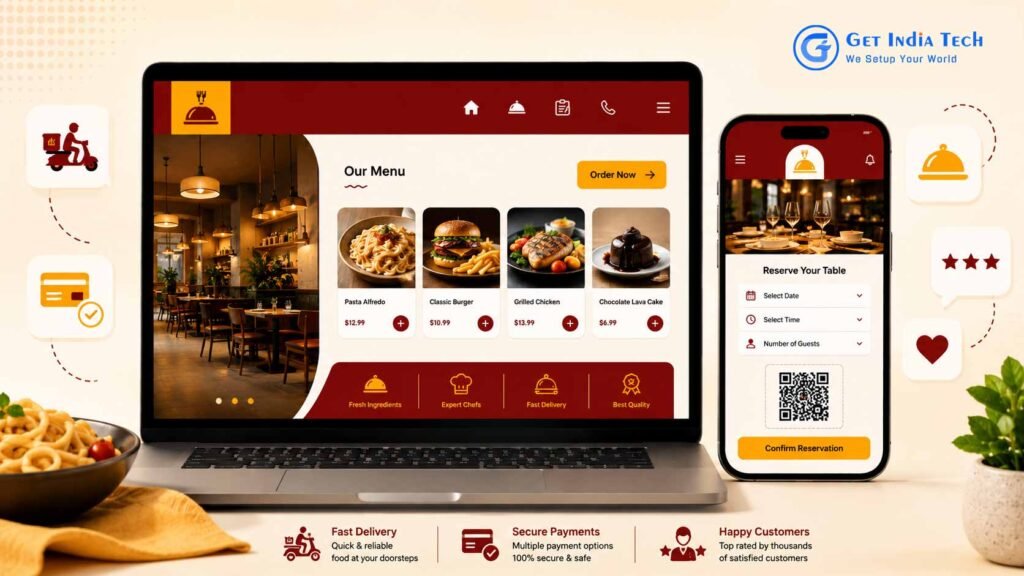 Restaurant website and mobile app interface showing digital menu, online ordering, and table reservation features