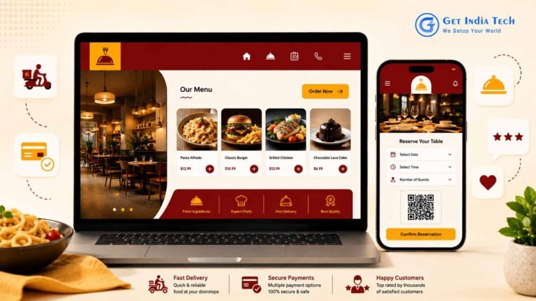 Restaurant website and mobile app interface showing digital menu, online ordering, and table reservation features